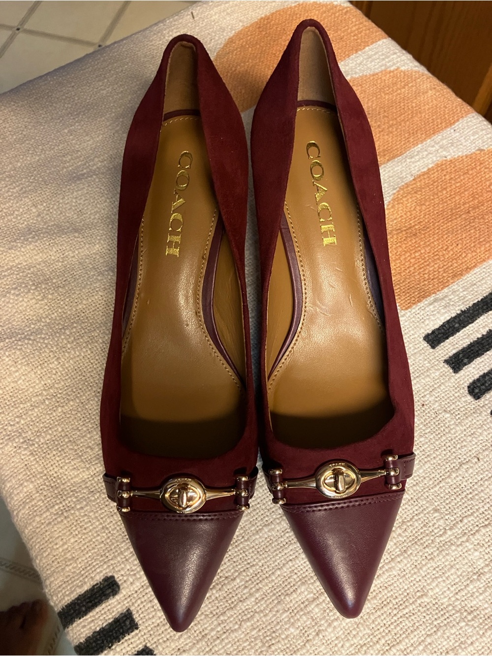 COACH Burgundy Pointed Toe Suede & Leather Heels with Gold Hardware